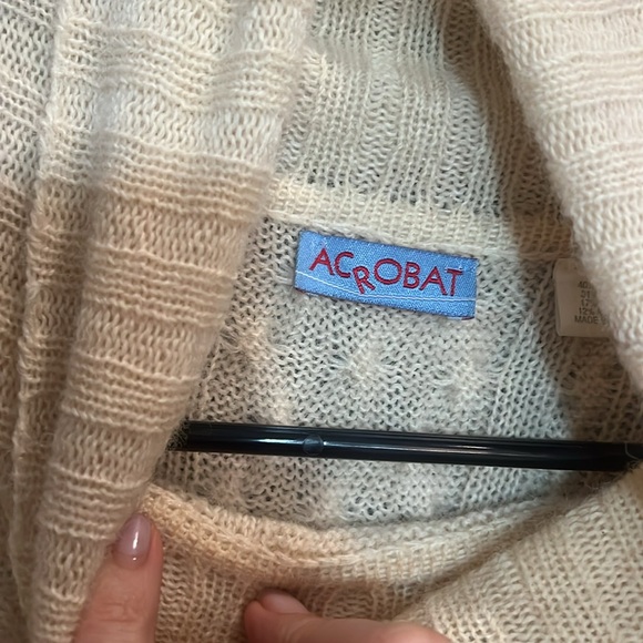 ACROBAT IVORY ALPACA WOOL BLEND CABLE KNIT SWEATER PONCHO TURTLENECK FRINGE HEM - Picture 3 of 9